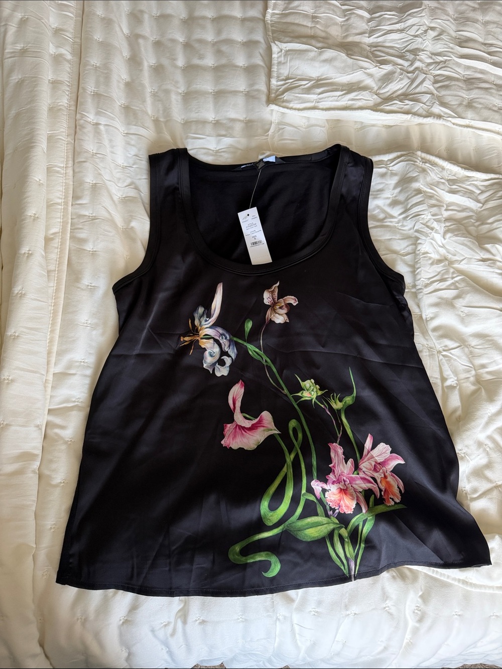 White House Black Market Black Floral Scoop Tank Top
